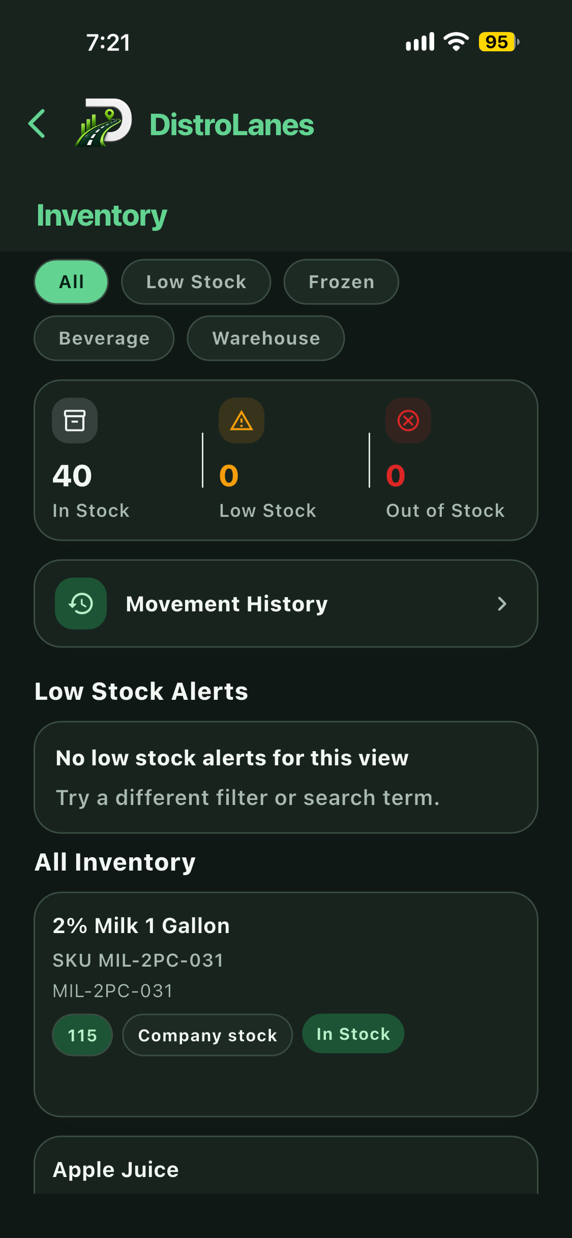 DistroLanes inventory screen with stock levels and movement history