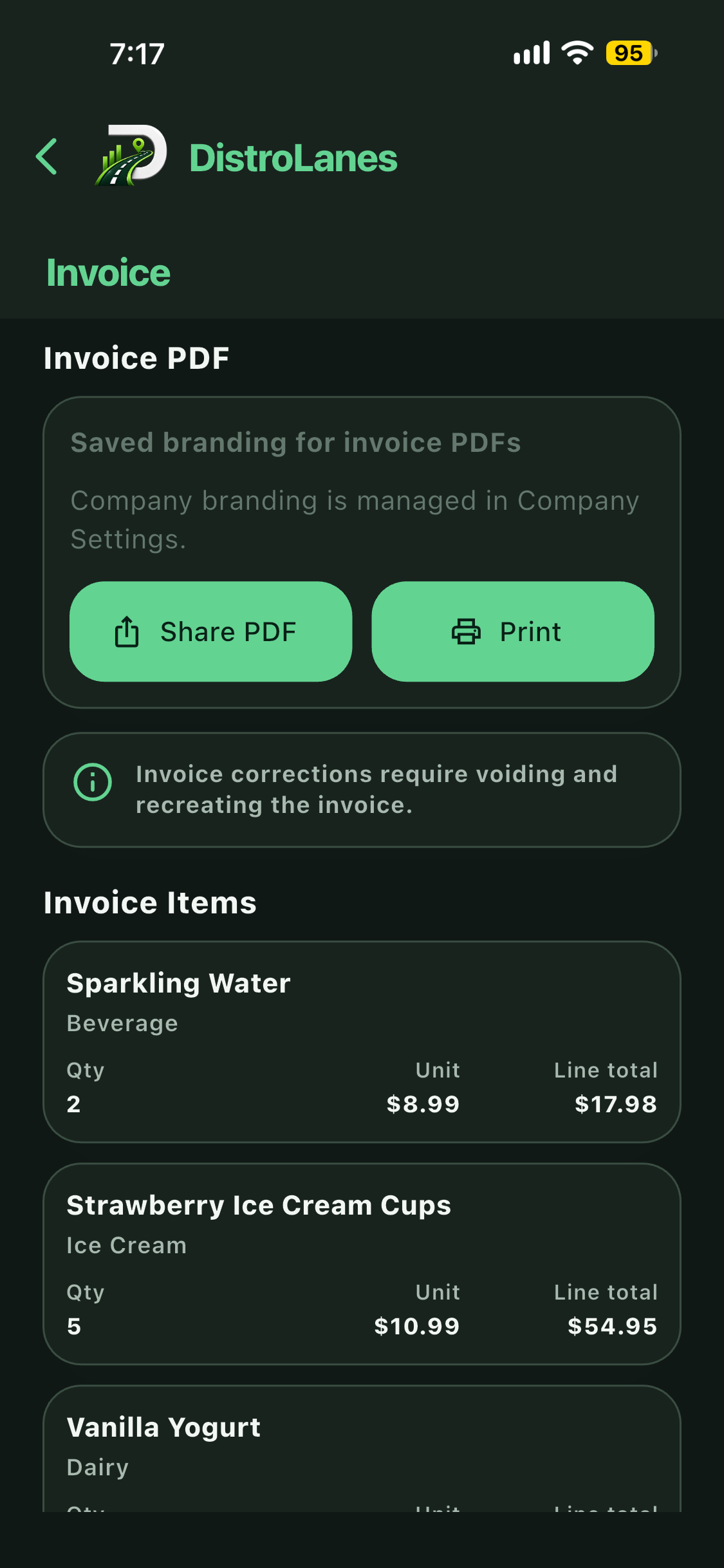 DistroLanes Invoice app screen