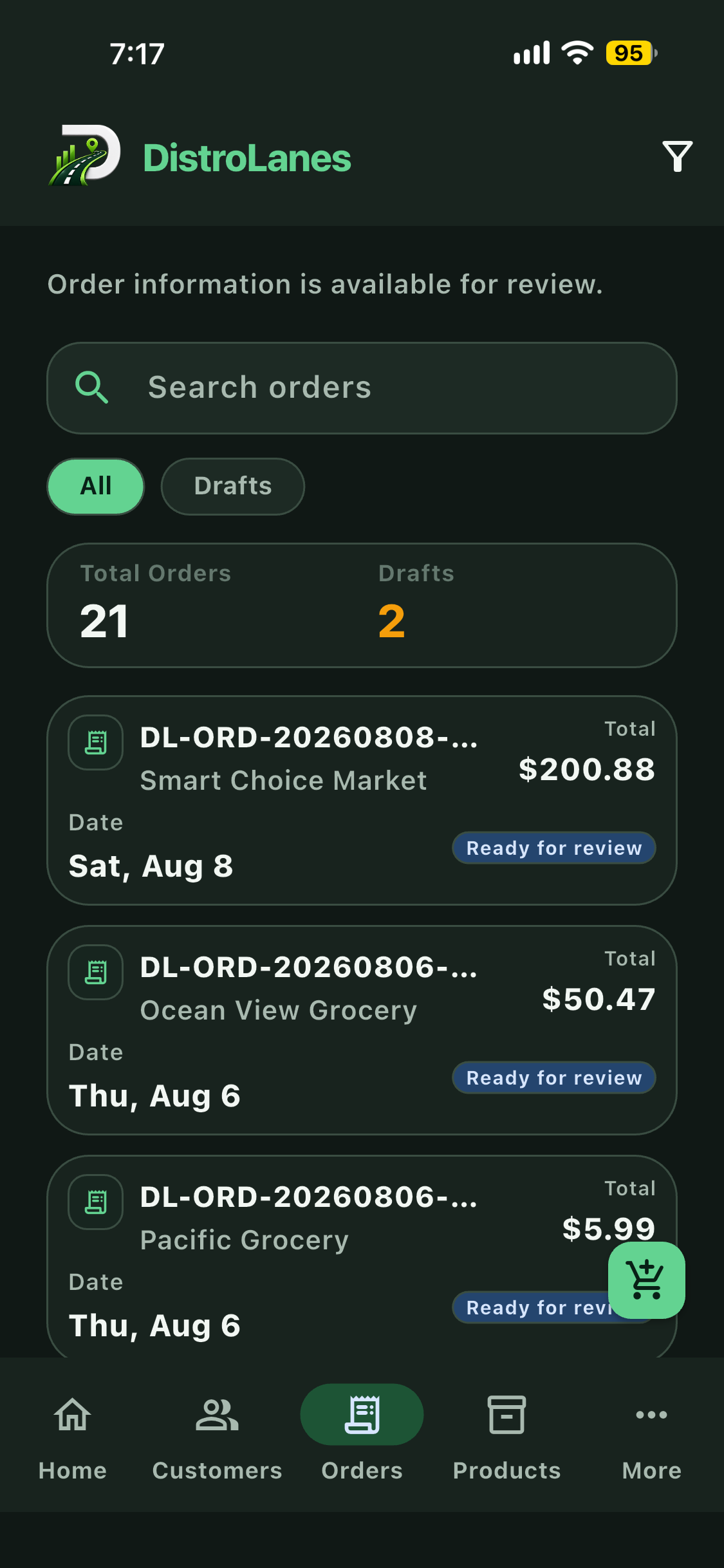 DistroLanes Orders app screen